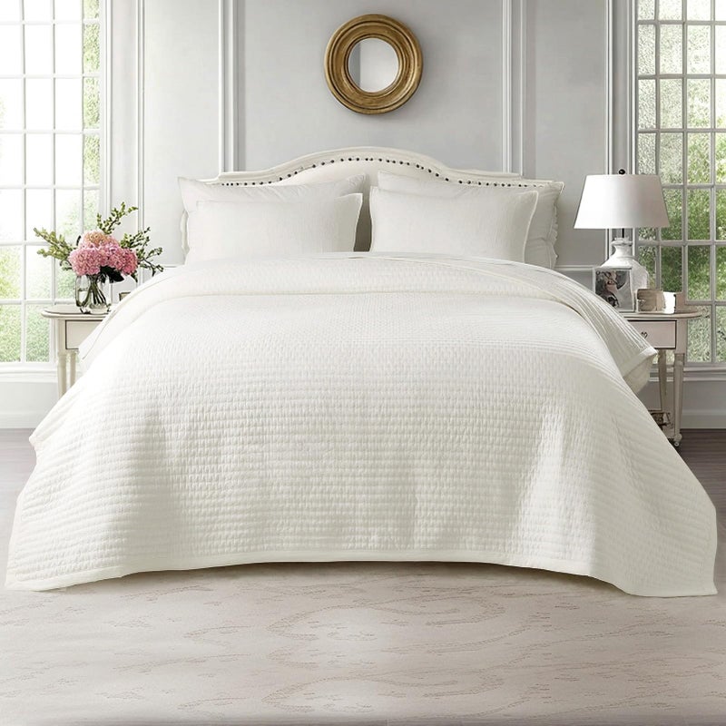 KASENTEX Twin Quilt Set 68"x86" â€“ Soft Washed 3-Layer Lightweight Bedspread, Minimalist Nordic Design, All-Season Spring & Summer Quilt Set (1 Quilt + 2 Pillow Shams),Cream White - Image 1